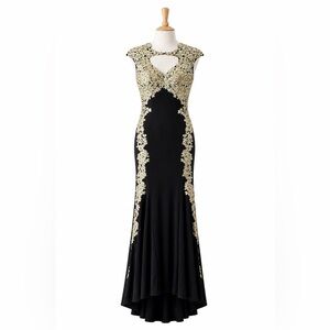 Betsy & Adam Black & Gold Embroidered Formal Gown | Open Back | Size 2